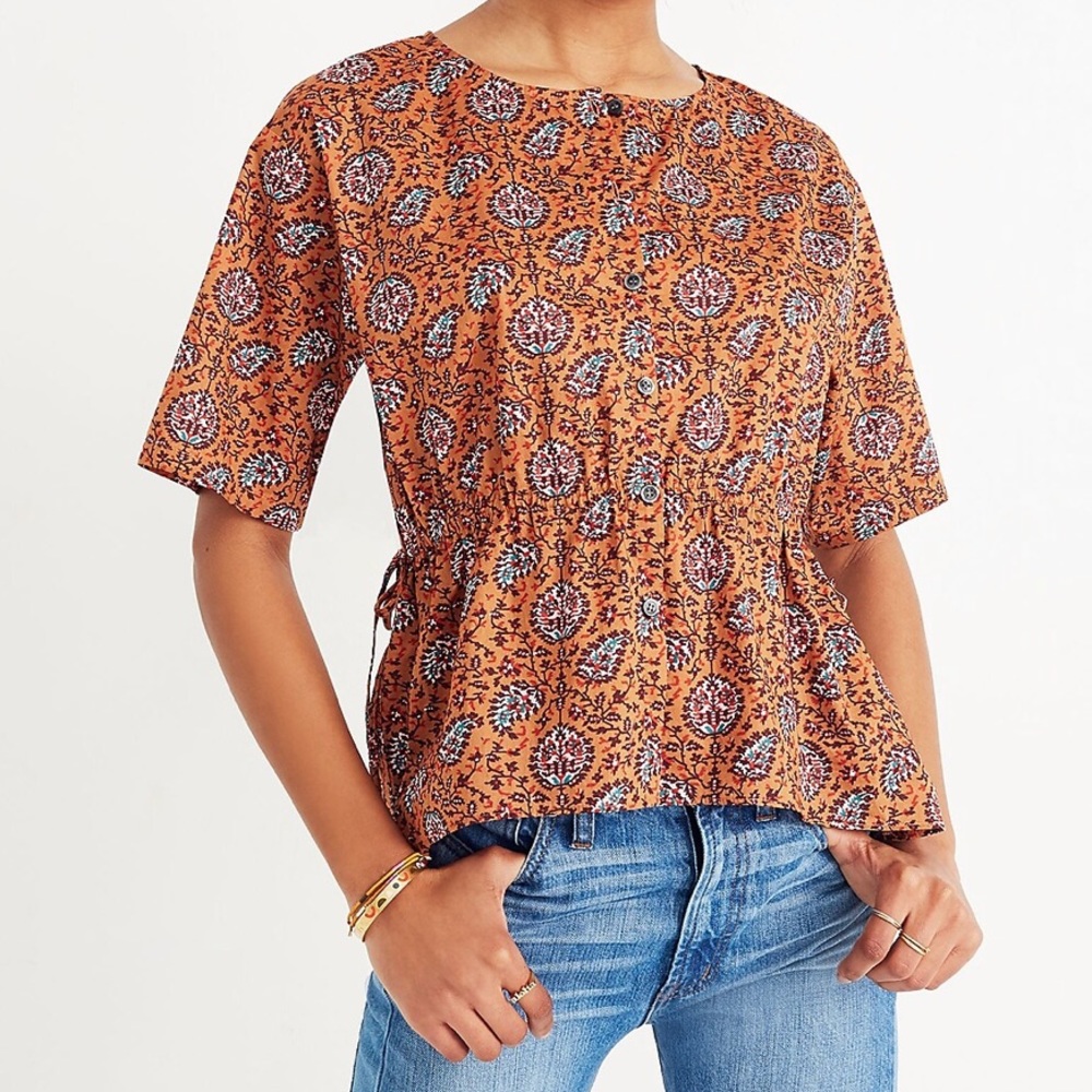 Madewell Drawstring Waist Shirt Warm Paisley XS Peplum Button Front Boho